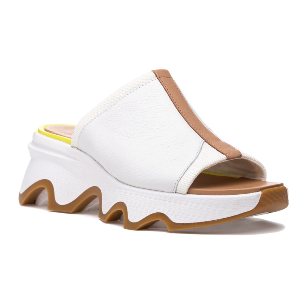 Sorel White and Tan Platform Slide Sandal with Yellow Accent